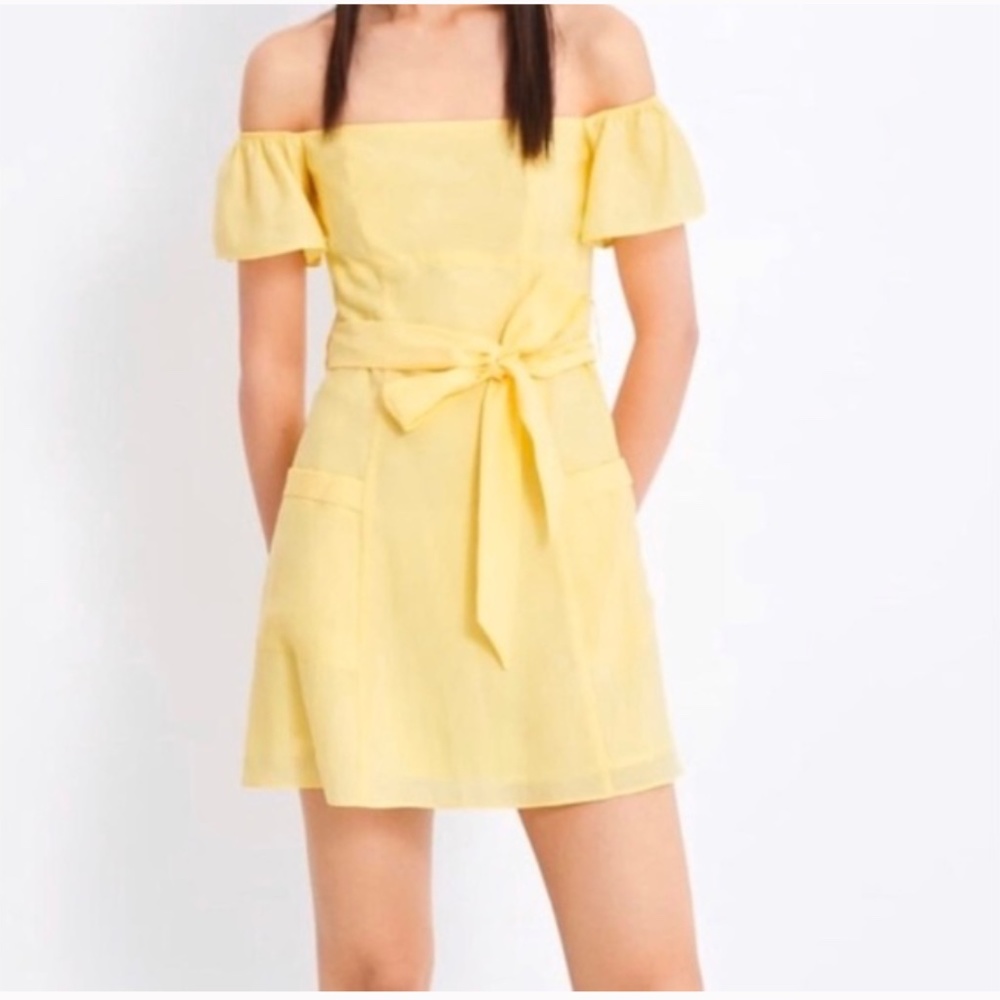 Zara Off The Shoulder Mini Dress Yellow A Line with Tie Waist and Pockets